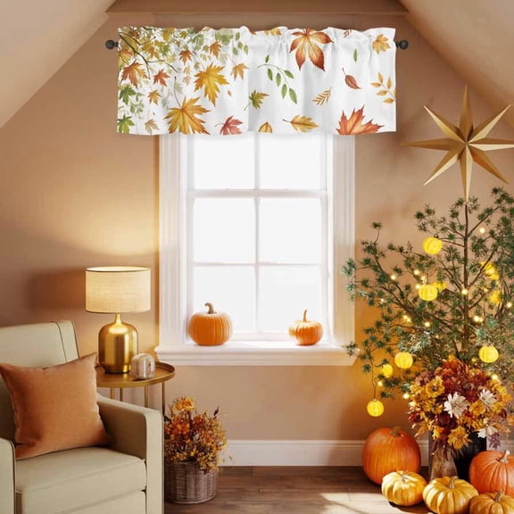 Kitchen Valances for Window, Autumn Botanical Maple Leaves Light Filtering Rod Pocket Valance Curtain, Thanksgiving Falling Leaf Short Curtains Window Topper for Bedroom 54x18in