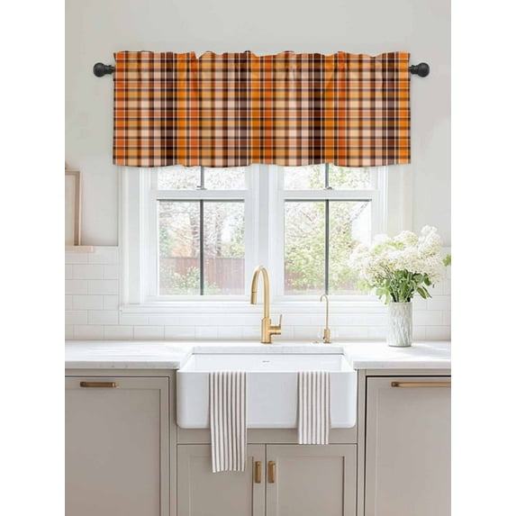Kitchen Valances for Window, Autumn Orange Gradient Plaid Light Filtering Rod Pocket Valance Curtain, Gingham Check Short Curtains Window Topper for Bedroom Bathroom Living Room 54x18in