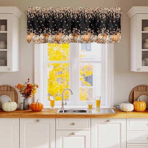Kitchen Valances for Window, Autumn Pumpkin Floral Leaves Light Filtering Rod Pocket Valance Curtain, Pastoral Rose on Black Short Curtains Window Topper for Bedroom Bathroom Living Room 54x18in