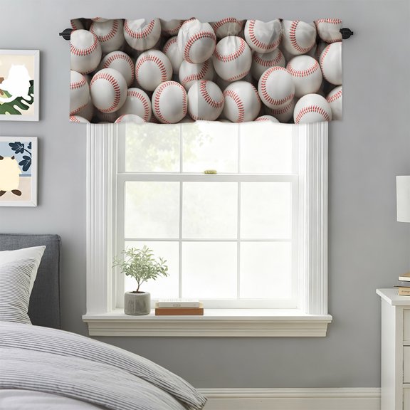 Kitchen Valances for Window, Baseball Red Stripe Light Filtering Rod Pocket Valance Curtain, Sports Enthusiasts Short Curtains Window Topper for Bedroom Bathroom Living Room 60x18in
