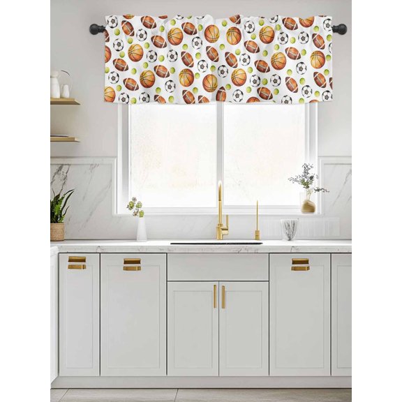 Kitchen Valances for Window, Basketball Soccer Tennis Rugby Light Filtering Rod Pocket Valance Curtain, Sport Ball Short Curtains Window Topper for Bedroom Bathroom Living Room 60x18in