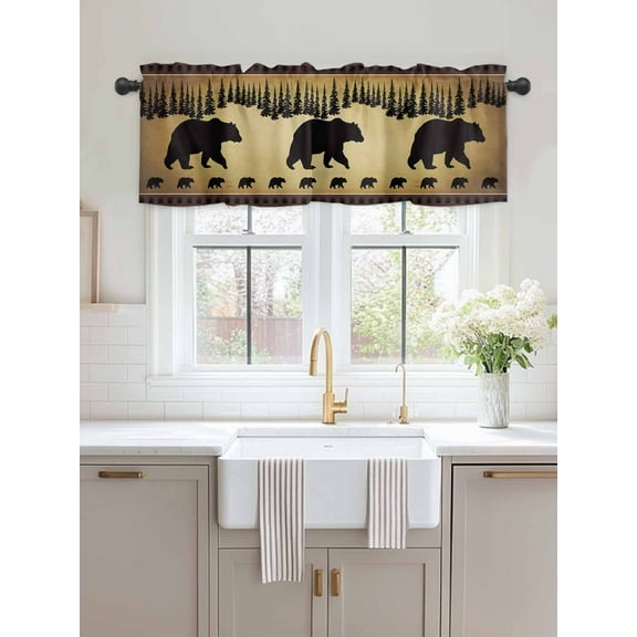 Kitchen Valances for Window, Bear Animal Silhouette Jungle Forest Light Filtering Rod Pocket Valance Curtain, Retro Brown Gradient Short Curtains Window Topper for Bedroom Living Room 54x18in