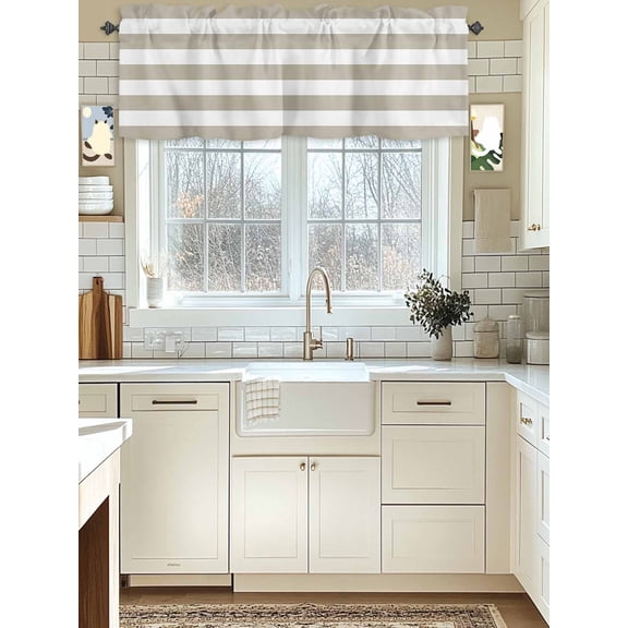 Kitchen Valances for Window, Beige and White Stripe Light Filtering Rod Pocket Valance Curtain, Rustic Country Farm Short Curtains Window Topper for Bedroom Bathroom Living Room 42x12in
