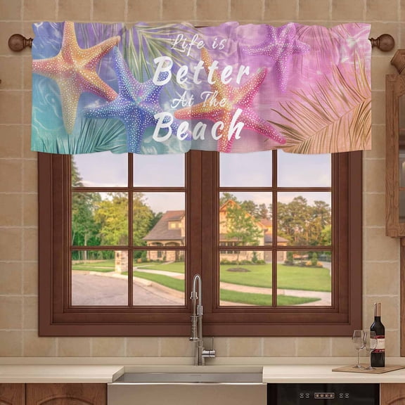 Kitchen Valances for Window, Better Beach Life Starfish Light Filtering Rod Pocket Valance Curtain, Colorful Summer Ocean Short Curtains Window Topper for Bedroom 42x12in