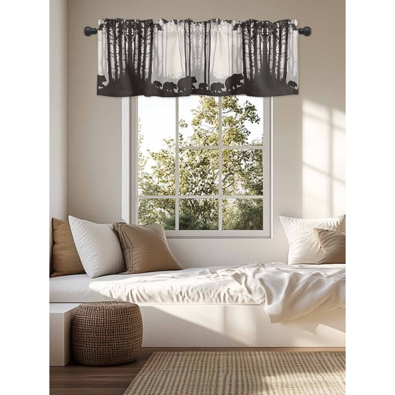 Kitchen Valances for Window, Black Bear Forest Tree Light Filtering Rod Pocket Valance Curtain, Watercolor Summer Botanical &nbsp;Short Curtains Window Topper for Bedroom Bathroom Living Room 54x18in