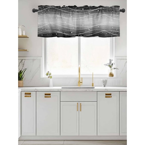 Kitchen Valances for Window, Black Gray Waves Gradient Light Filtering Rod Pocket Valance Curtain, Abstract Wave Points Short Curtains Window Topper for Bedroom Bathroom Living Room 42x12in