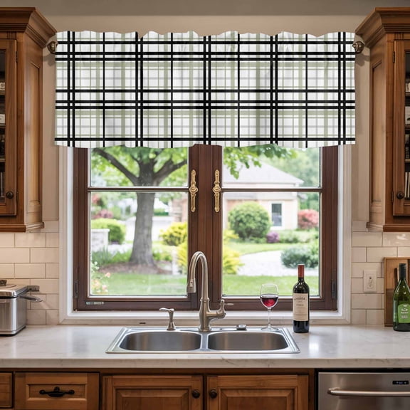 Kitchen Valances for Window, Black Sage Green Checkered Light Filtering Rod Pocket Valance Curtain, Modern Geometric Stripe Plaid Short Curtains Window Topper for Bedroom Living Room 42x18in
