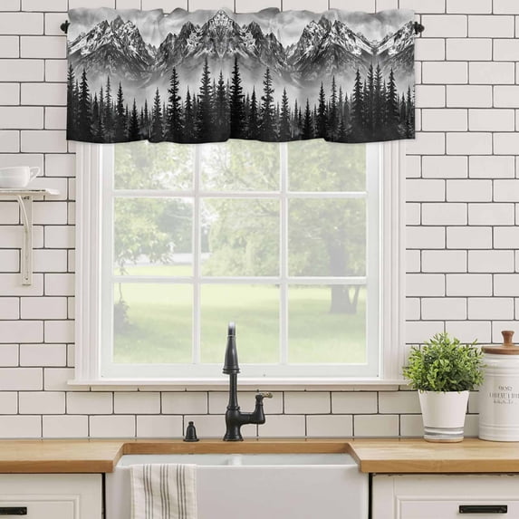Kitchen Valances for Window, Black Snow Mountain Mountains Light Filtering Rod Pocket Valance Curtain, Needle Forests Short Curtains Window Topper for Bedroom Bathroom Living Room 54x18in