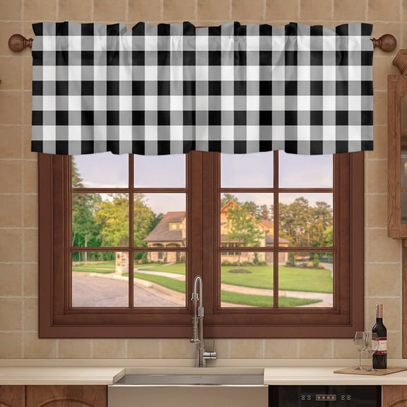Kitchen Valances for Window, Black White Buffalo Check Light Filtering Rod Pocket Valance Curtain, Farmhouse Classic Tartan Plaid Short Curtains Window Topper for Bedroom 54x18in