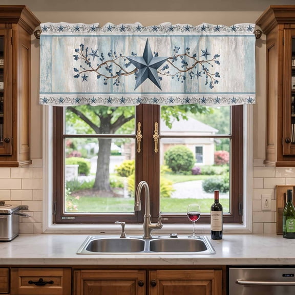 Kitchen Valances for Window, Blue Country Star Light Filtering Rod Pocket Valance Curtain, Vintage Berries on Farm Wood Short Curtains Window Topper for Bedroom Bathroom Living Room 54x18in