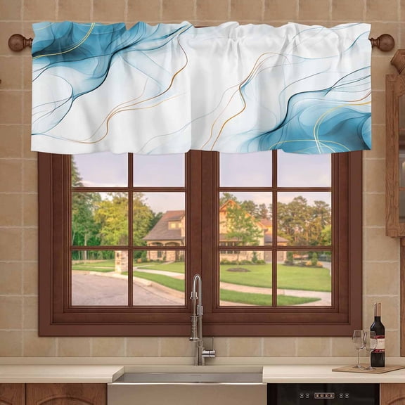 Kitchen Valances for Window, Blue Gradient Stripes Light Filtering Rod Pocket Valance Curtain, Modern Minimalist Art Short Curtains Window Topper for Bedroom 42x12in
