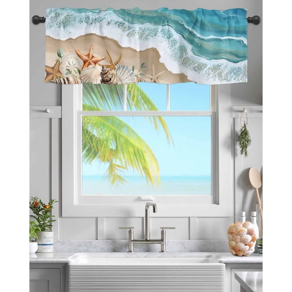 Kitchen Valances for Window, Blue Ocean Summer Beach Shells Starfish Light Filtering Rod Pocket Valance Curtain, Coastal Nautical Theme Short Curtains Window Topper for Bedroom 42x12in