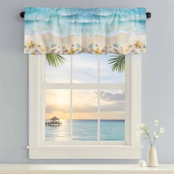 Kitchen Valances for Window, Blue Oceans Brown Beach Light Filtering Rod Pocket Valance Curtain, Sea Stars Shells Short Curtains Window Topper for Bedroom Bathroom Living Room 42x18in