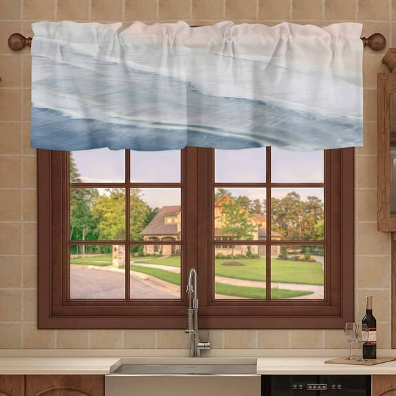 Kitchen Valances for Window, Blue Waves Bohemian Beach Sand Light Filtering Rod Pocket Valance Curtain, Summer Coastal Nautical Short Curtains Window Topper for Bedroom Bathroom Living Room 42x18in