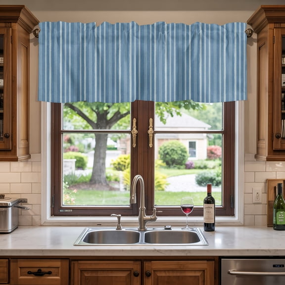 Kitchen Valances for Window, Blue White Vertical Stripes Light Filtering Rod Pocket Valance Curtain, Pinstripe Pattern &nbsp;Short Curtains Window Topper for Bedroom 42x12in