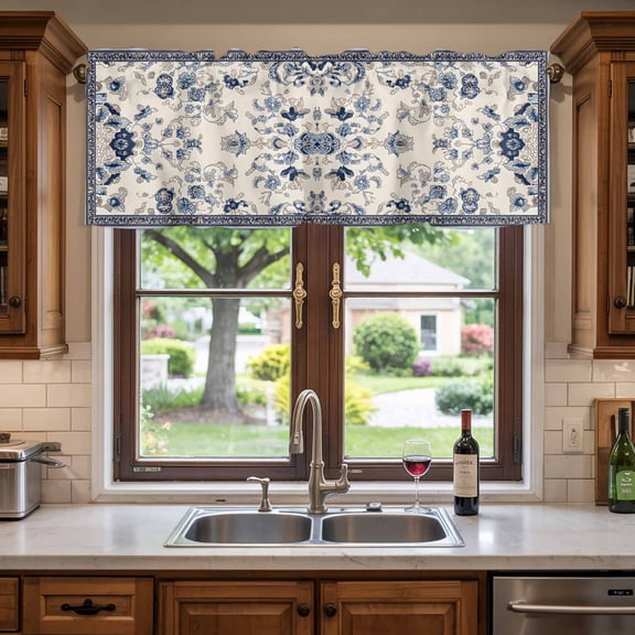Kitchen Valances for Window, Bohemia Blue Flower Pattern on Beige Light Filtering Rod Pocket Valance Curtain, Retro Abstract Art Short Curtains Window Topper for Bedroom Bathroom Living Room 42x12in