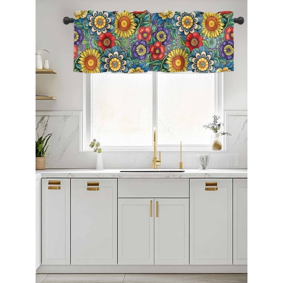 Kitchen Valances for Window, Boho Blossom Flower Seamless Light Filtering Rod Pocket Valance Curtain, Spring Ethinc Floral Short Curtains Window Topper for Bedroom Bathroom Living Room 60x18in