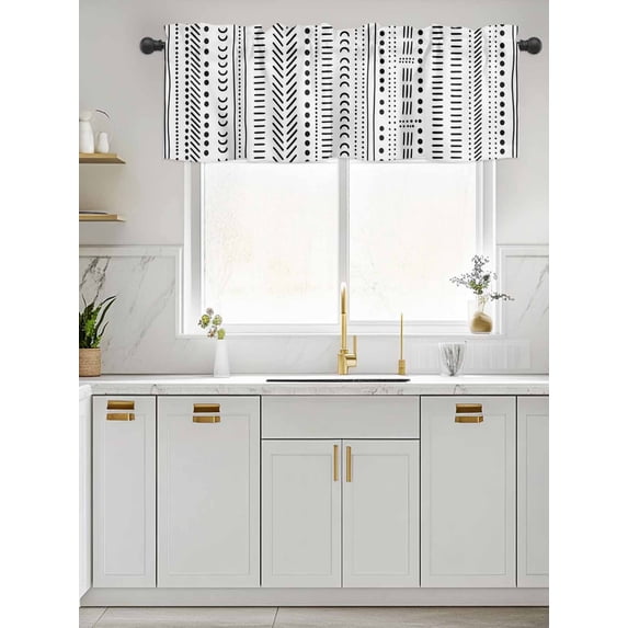 Kitchen Valances for Window, Boho Geometric Vintage Light Filtering Rod Pocket Valance Curtain, Abstract Black Lines Short Curtains Window Topper for Bedroom Bathroom Living Room 42x12in