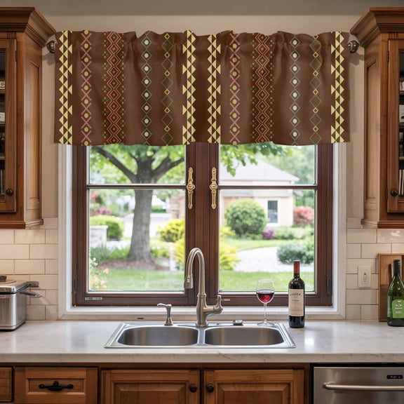 Kitchen Valances for Window, Boho Traditional Tribal Texture Light Filtering Rod Pocket Valance Curtain, Abstract Geometric on Tan Short Curtains Window Topper for Bedroom 60x18in