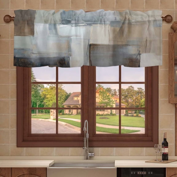 Kitchen Valances for Window, Brown Gray Gradient Color Block Light Filtering Rod Pocket Valance Curtain, Abstract Oil Painting Art Short Curtains Window Topper for Bedroom 54x18in