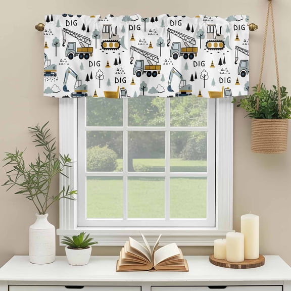 Kitchen Valances for Window, Bulletin Machine Crane Excavator Light Filtering Rod Pocket Valance Curtain, Abstract Cars Short Curtains Window Topper for Bedroom Bathroom Living Room 42x12in