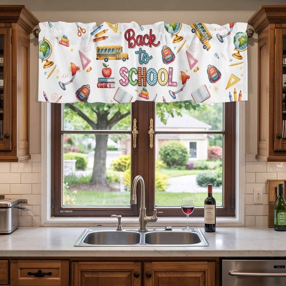 Kitchen Valances for Window, Bus Bag Globe Crayon Desklamp Light Filtering Rod Pocket Valance Curtain, Back to School Season Short Curtains Window Topper for Bedroom Bathroom Living Room 60x18in