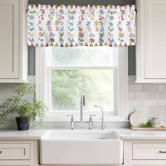 Kitchen Valances for Window, Cartoon Animal Cute Letter Light Filtering Rod Pocket Valance Curtain, Colored Crayon Short Curtains Window Topper for Bedroom Bathroom Living Room 42x18in