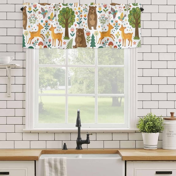 Kitchen Valances for Window, Cartoon Animal Green Forest Light Filtering Rod Pocket Valance Curtain, Cute Brown Bear Deer Short Curtains Window Topper for Bedroom Bathroom Living Room 54x18in