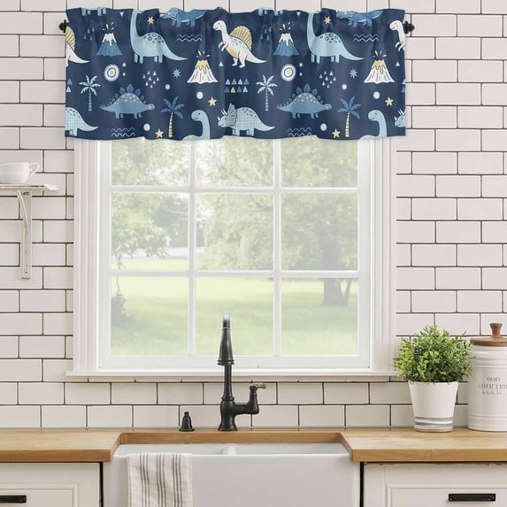 Kitchen Valances for Window, Cartoon Dinosaurs Geometric Light Filtering Rod Pocket Valance Curtain, Cute Animal on Deep Blue Short Curtains Window Topper for Bedroom Bathroom Living Room 42x18in