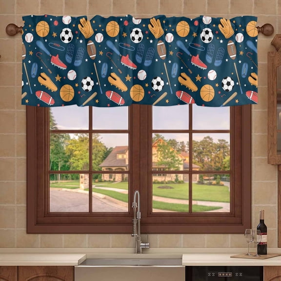 Kitchen Valances for Window, Cartoon Sports Elements Light Filtering Rod Pocket Valance Curtain, Soccer Baseball Rugby Short Curtains Window Topper for Bedroom 54x18in