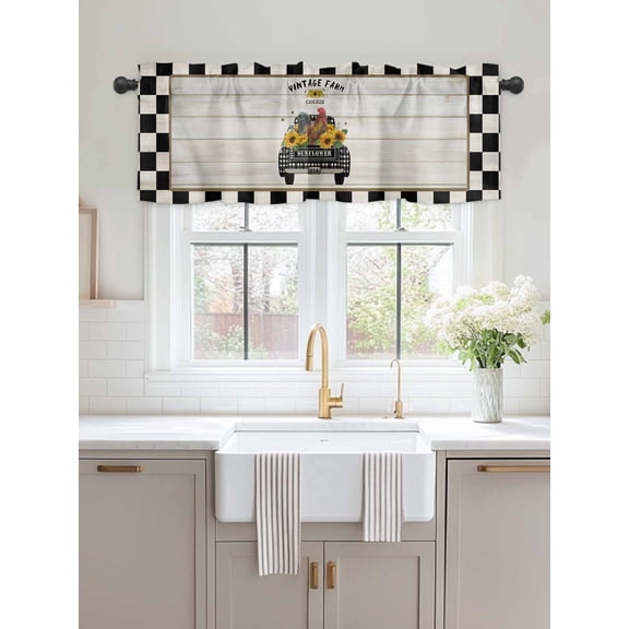 Kitchen Valances for Window, Chicken Old-fashioned Trucks on Vintage Light Filtering Rod Pocket Valance Curtain, Farm Buffalo Plaid &nbsp;Short Curtains Window Topper for Bedroom 54x18in
