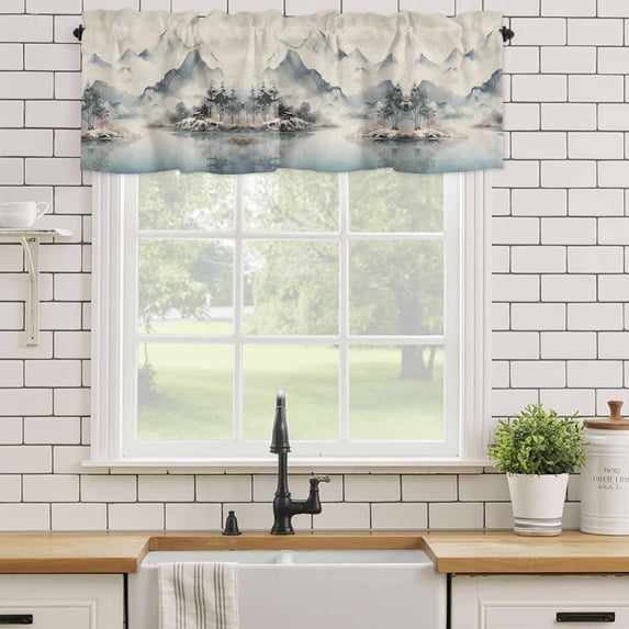 Kitchen Valances for Window, Chinese Ink Painting Mountain Forest Light Filtering Rod Pocket Valance Curtain, Farmhouse on Linen Short Curtains Window Topper for Bedroom Bathroom Living Room 54x18in