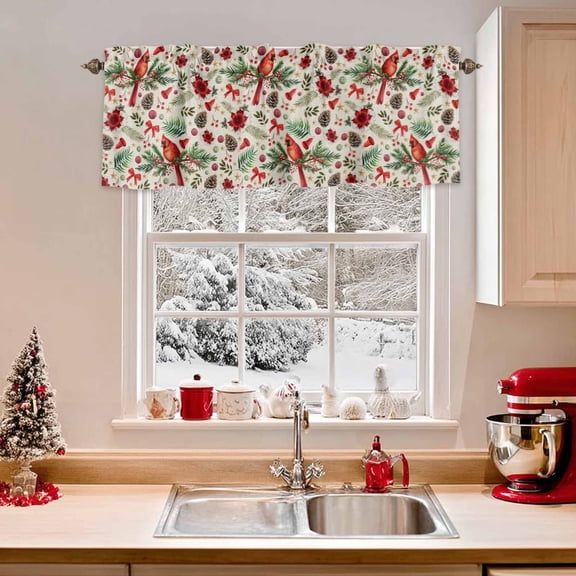 Kitchen Valances for Window, Christmas Cardinals Bird Pine Cone Light Filtering Rod Pocket Valance Curtain, Red Beige Green Short Curtains Window Topper for Bedroom Bathroom Living Room 54x18in