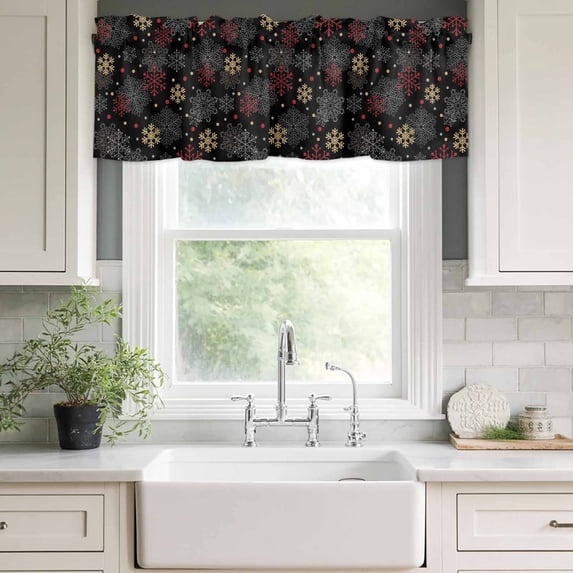 Kitchen Valances for Window, Christmas Snowflakes Light Filtering Rod Pocket Valance Curtain, Abstract White Red Snowflake Short Curtains Window Topper for Bedroom Bathroom Living Room 42x18in