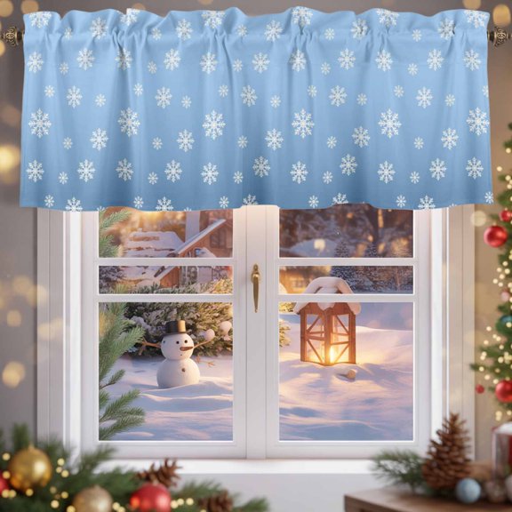 Kitchen Valances for Window, Christmas Snowflakes Winter Falling Snow Light Filtering Rod Pocket Valance Curtain, Blue Gradient Short Curtains Window Topper for Bedroom Bathroom Living Room 54x18in