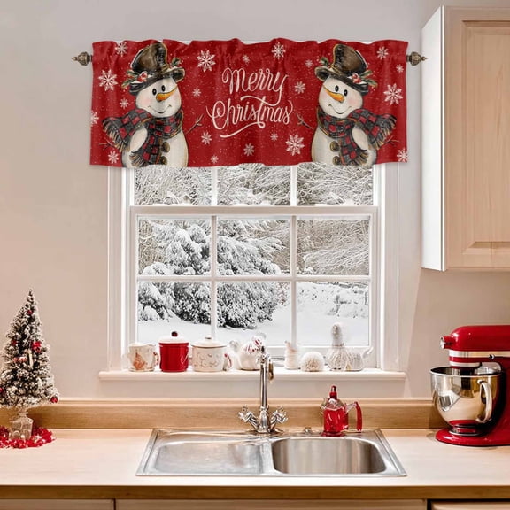 Kitchen Valances for Window, Christmas Snowman Winter Snowflake Light Filtering Rod Pocket Valance Curtain, Winter Falling Snow on Red Short Curtains Window Topper for Bedroom 54x18in