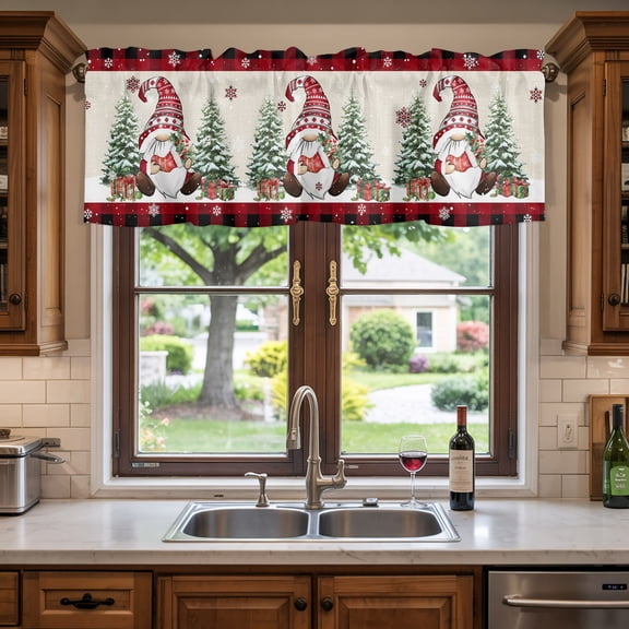 Kitchen Valances for Window, Christmas Trees Dwarf Snowflakes Light Filtering Rod Pocket Valance Curtain, Red Black Plaid Lattice Short Curtains Window Topper for Bedroom 42x12in