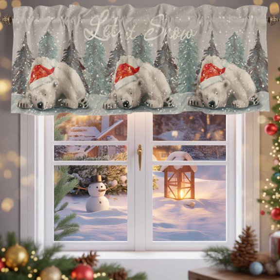 Kitchen Valances for Window, Christmas Watercolor Winter Polar Bear Light Filtering Rod Pocket Valance Curtain, Pine Tree on Gray Burlap Short Curtains Window Topper for Bedroom 42x12in