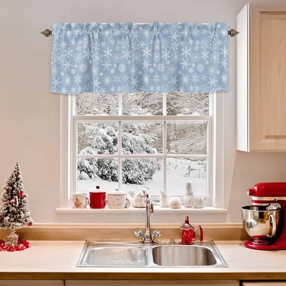 Kitchen Valances for Window, Christmas Winter Snowflakes on Blue Light Filtering Rod Pocket Valance Curtain, White Falling Snow Short Curtains Window Topper for Bedroom Bathroom Living Room 54x18in