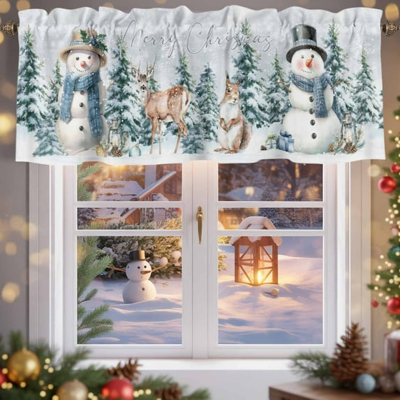 Kitchen Valances for Window, Christmas Winter Snowman Snowflakes Light Filtering Rod Pocket Valance Curtain, Elk Squirrel Xmas Tree Short Curtains Window Topper for Bedroom Living Room 42x12in