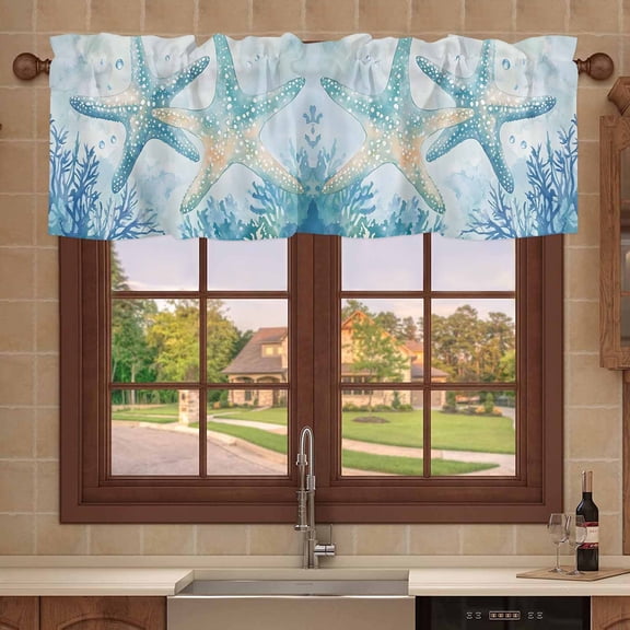 Kitchen Valances for Window, Coastal Gradient Coral Starfish Light Filtering Rod Pocket Valance Curtain, Summer Ocean Animal Short Curtains Window Topper for Bedroom 42x12in