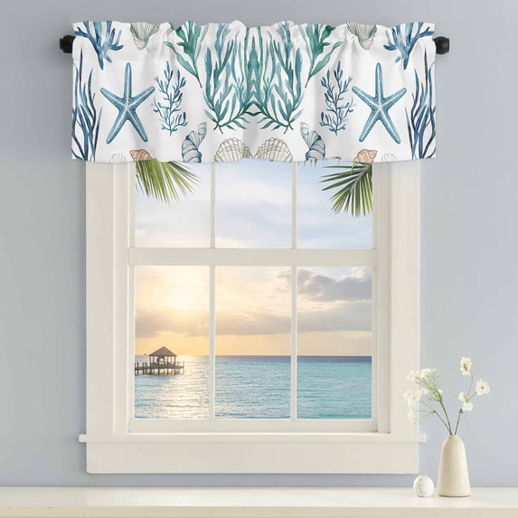 Kitchen Valances for Window, Coastal Watercolor Starfish Shell Light Filtering Rod Pocket Valance Curtain, Summer Nautical Sea Grass Short Curtains Window Topper for Bedroom Living Room 60x18in