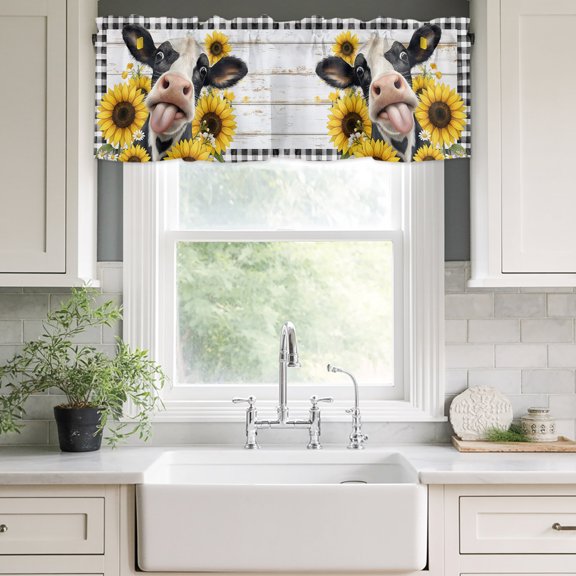 Kitchen Valances for Window, Country Abstract Cow Buffalo Check Light Filtering Rod Pocket Valance Curtain, Farmhouse Flower Wood Board Short Curtains Window Topper for Bedroom Bathroom 42x12in