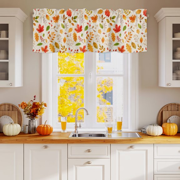 Kitchen Valances for Window, Country Fall Maple Leaf Light Filtering Rod Pocket Valance Curtain, Vintage Farmhouse Leaves Short Curtains Window Topper for Bedroom Bathroom Living Room 42x12in