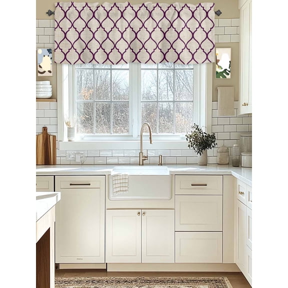 Kitchen Valances for Window, Country Farm Style Moroccan Diamond Lattice Light Filtering Rod Pocket Valance Curtain, Geometric Plaid Short Curtains Window Topper for Bedroom Living Room 54x18in
