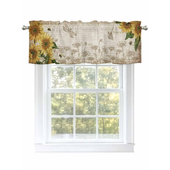 Kitchen Valances for Window, Country Sunflower Bee Butterfly Light Filtering Rod Pocket Valance Curtain, Farm Vintage Old Newspaper Short Curtains Window Topper for Bedroom 54x18in