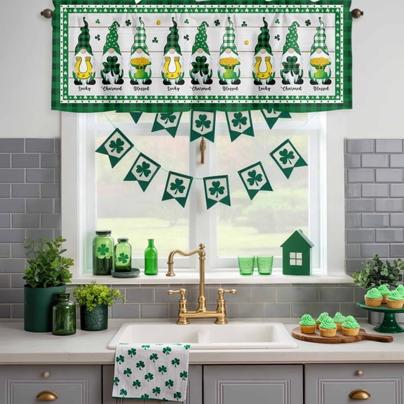 Kitchen Valances for Window, Cute Dwarf St. Patrick's Day Green Shamrock Gold Coin Light Filtering Rod Pocket Valance Curtain, Vintage White Plank Short Curtains Window Topper for Bedroom 42x18in