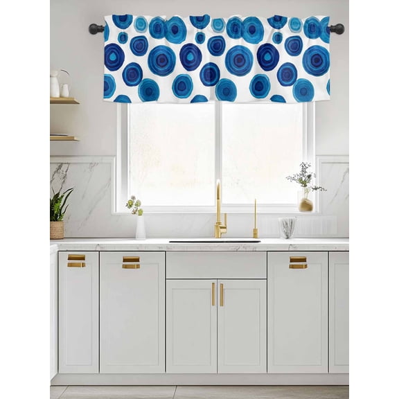 Kitchen Valances for Window, Deep Blue Wave Points Light Filtering Rod Pocket Valance Curtain, Watercolor Geometric Circle Short Curtains Window Topper for Bedroom Bathroom Living Room 42x12in