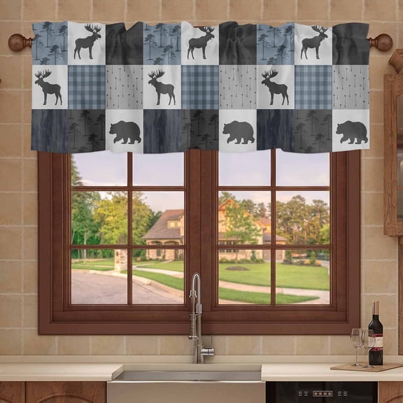 Kitchen Valances for Window, Deer Bear Retro Grey Plaid Light Filtering Rod Pocket Valance Curtain, Forest Animal Shadow Short Curtains Window Topper for Bedroom 42x12in