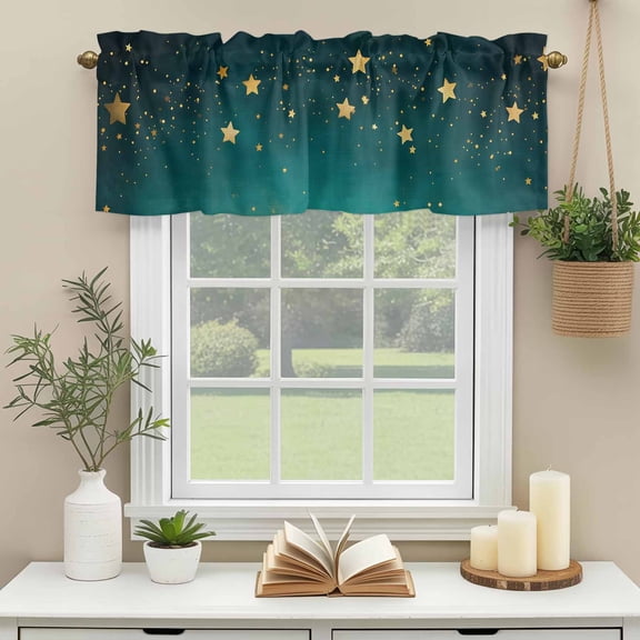 Kitchen Valances for Window, Dream Yellow Star on Teal Blue Light Filtering Rod Pocket Valance Curtain, Night Starry Sky Short Curtains Window Topper for Bedroom Bathroom Living Room 54x18in
